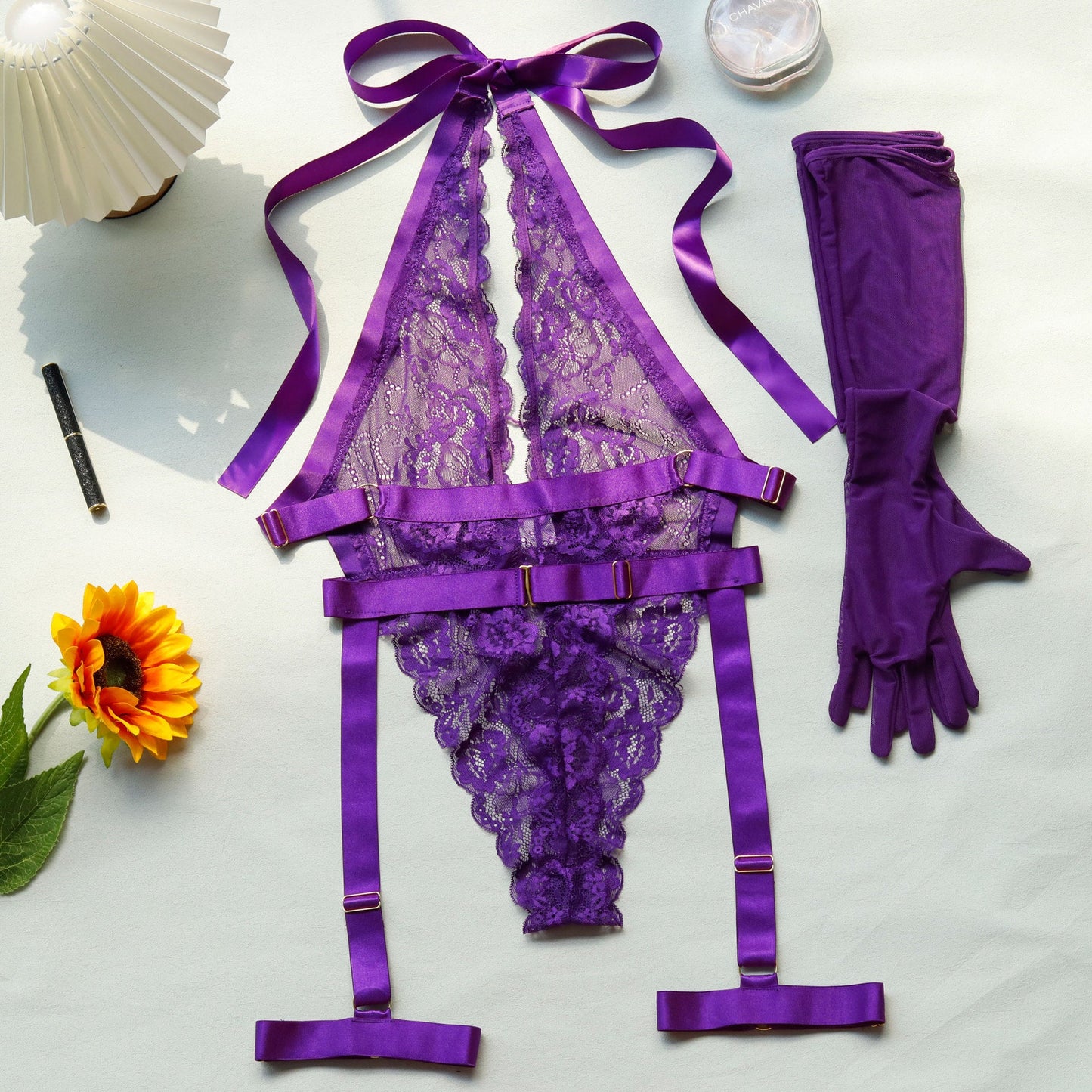 Purple Lace Plunge Halter Lingerie Luisa